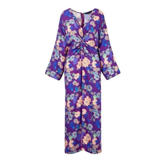 SMYTHE Violet Floral Front Twist Kimono Sleeve Midi Dress - Picture 4 of 16